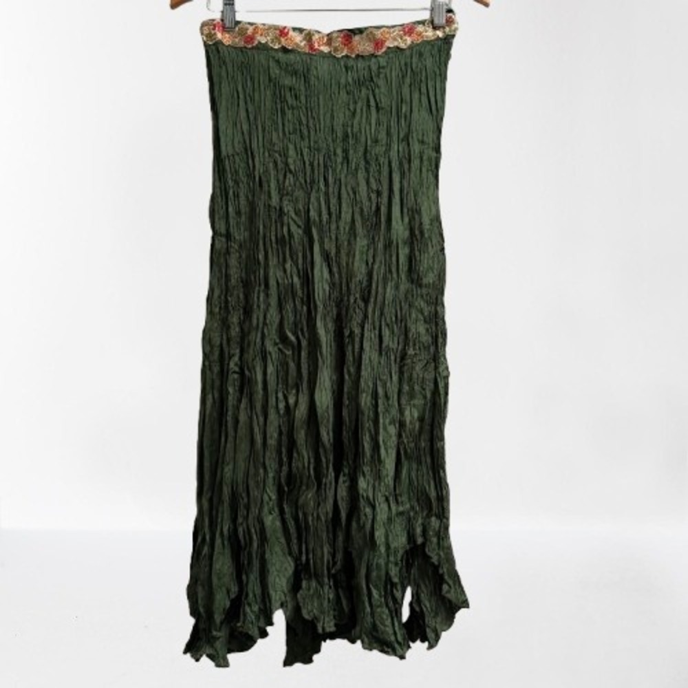 NEW Chaudry Anthropologie Crinkle Maxi Skirt Sequin Waist Green Small